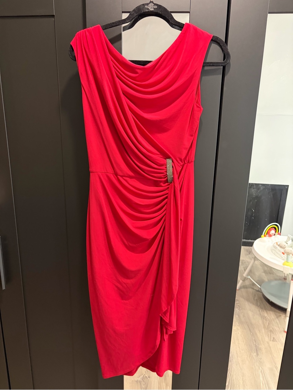 London Times Red Draped Midi Dress with Side Embellishment